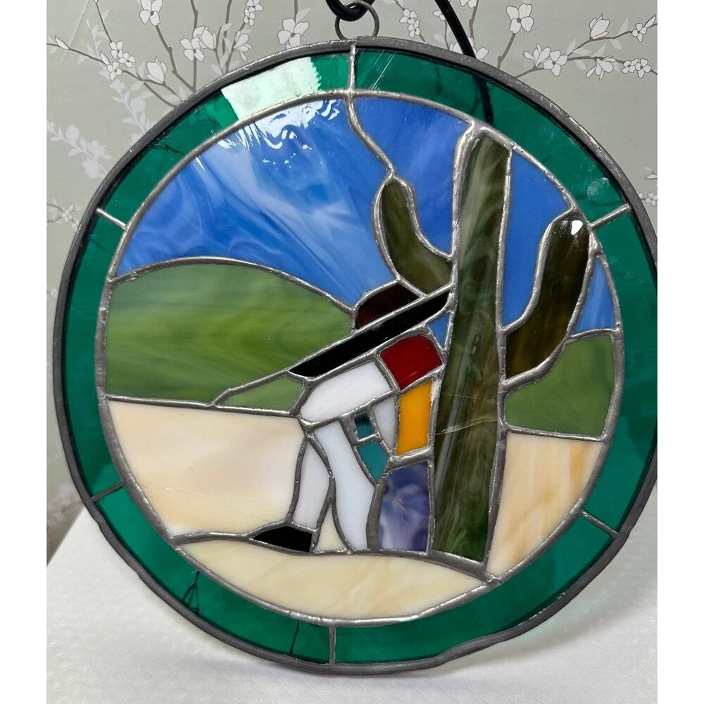 Vintage Southwestern Stained Glass Suncatcher - Siesta Desert Scene